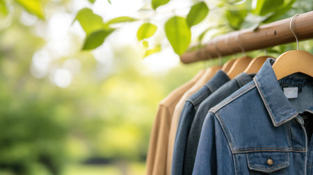Several denim jackets of varying colors hang on wooden hangers, showcasing their textures and details. The jackets are arranged in a row, with visible collars and pockets.の素材