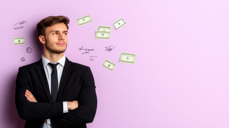 Young man in a crisp black suit and white shirt, arms crossed, with a dark textured tie. He has short brown hair and a thoughtful expression.の素材