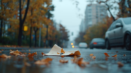 A piece of torn beige paper with a small black object rests on a wet asphalt surface, surrounded by fallen leaves. The paper is crumpled.の素材