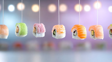 A vibrant assortment of fresh sushi maki rolls hanging in a row, featuring salmon, tuna, shrimp, avocado, cucumber, and bright green tobiko roe.の素材
