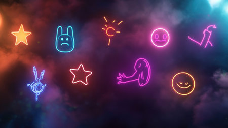 A set of various glowing neon icons and doodles in bright colors, featuring stars, emoticons with different expressions, a sun, and abstract whimsical shapes.の素材