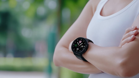 Close-up of a person's arm wearing a black smartwatch with a vibrant health metrics display. Arms are crossed, wearing a white ribbed tank top.の素材
