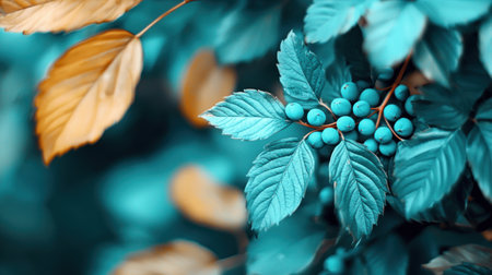 A close-up view of a plant branch featuring a cluster of small, round teal berries and textured, serrated leaves in shades of cyan, contrasted by warm golden foliage.の素材