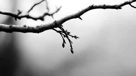 A close-up, black and white shot of a bare tree branch with rough, textured bark and small, delicate buds hanging down.の素材