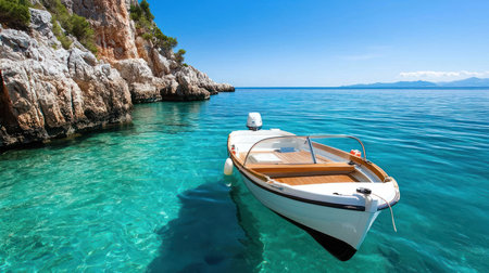 A sleek white and black hull motorboat with a light brown wooden deck, a white outboard engine, and shiny metal railings.の素材