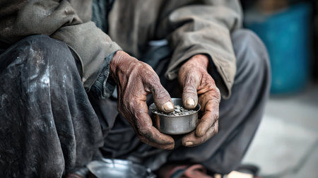 Close-up of an elderly person's deeply wrinkled, dark-skinned hands, cupped around a small metallic bowl filled with tiny seeds, wearing coarse, dirty clothing.の素材