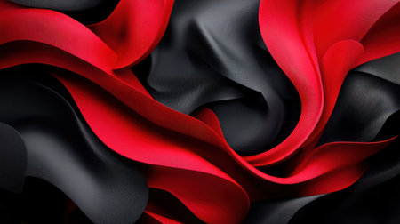 Abstract composition of vibrant red and deep black textured fabric flowing in elegant, dynamic waves. Smooth curves and subtle folds create depth and contrast.の素材