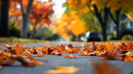 A collection of vibrant orange and brown autumn leaves scattered across a gray asphalt road surface, creating a textured and colorful foreground.の素材