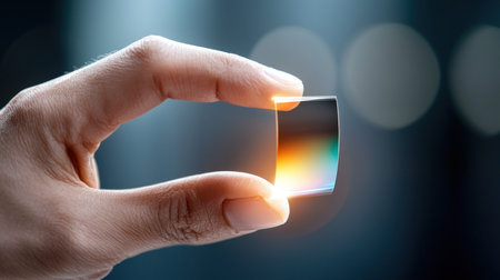 A hand holds a curved, rectangular glass piece, reflecting light with iridescent colors, showcasing its smooth texture and optical properties.の素材