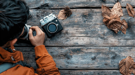 A person in an orange jacket is seen from above, actively adjusting a vintage film camera. A second retro camera, dry brown autumn leaves, and a pinecone are arranged on a textured wooden surface.の素材