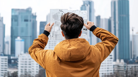 Man with brown hair, wearing a yellow hooded jacket, holding architectural plans, back view, with a cityscape in the background.の素材