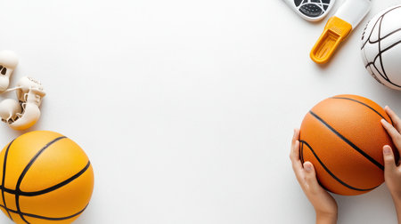 Orange basketball with black seams, held by two hands. The ball has a textured surface, indicating its use in sports.の素材