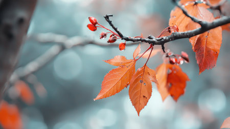 A dark tree branch with serrated orange autumn leaves and small red berries, all adorned with tiny, glistening water droplets.の素材