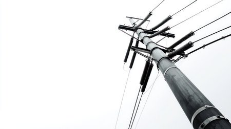 A sturdy grey utility pole featuring multiple ribbed insulators and taut power lines, secured by metal bands. The pole has a weathered texture.の素材