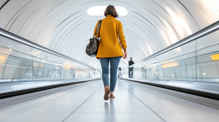 A woman from behind, wearing a vibrant mustard yellow ribbed turtleneck sweater, blue denim jeans, and brown loafers, carrying a black leather shoulder bag.の素材