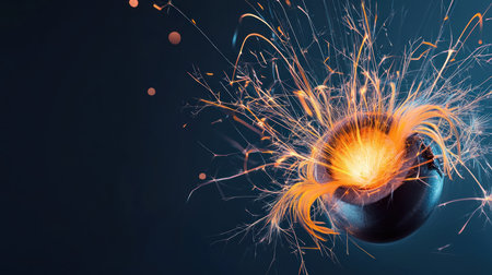 A dark, textured spherical object intensely glowing with a brilliant orange core, radiating numerous fiery sparks in dynamic, branching patterns.の素材