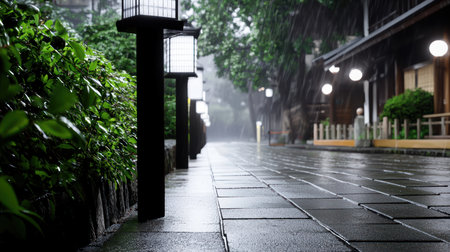 Wet dark stone pavers reflect light, leading past traditional Japanese lanterns and vibrant green bushes under falling rain.の素材