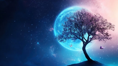 A fantastical tree with intricate branches and dense pink-purple foliage is silhouetted against a luminous, textured blue full moon. Two small pink butterflies fly.の素材