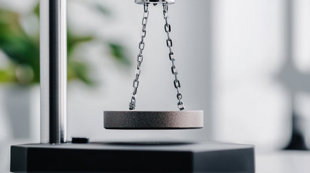A textured, metallic, circular object levitates horizontally, suspended by two small, polished metal chains hanging from a sleek chrome fixture.の素材