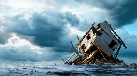 A dilapidated wooden house, partially submerged in turbulent water, shows significant structural damage. The house is leaning, with broken beams and exposed interior.の素材