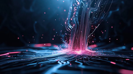 Abstract data stream with glowing pink and blue light trails, creating a dynamic and futuristic visual effect.の素材