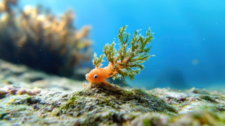 A macro view of a tiny orange sea slug with a prominent eye. Its back is covered in elaborate green, branching, leaf-like cerata for camouflage.の素材