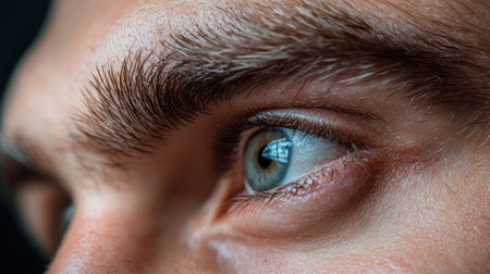 Extreme close-up of a human eye, showcasing the iris, pupil, eyebrow, eyelashes, and skin texture with visible blood vessels.の素材