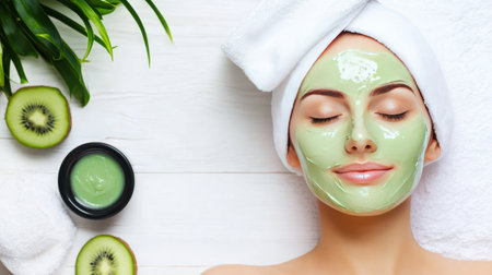 Woman with a green facial mask, white towel wrapped around her head, eyes closed, and a serene expression on her face.の素材