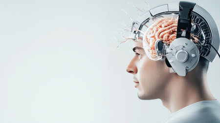 Profile of a man's head with visible, glowing orange brain and neural connections. He wears sleek, metallic, transparent headphones.の素材