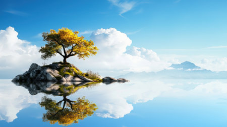 A solitary tree with golden leaves stands atop a rocky island, mirrored in the still water below, creating a serene and symmetrical composition.の素材