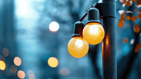A close-up of two round, glowing yellow light bulbs covered in glistening raindrops on a wet pole.の素材
