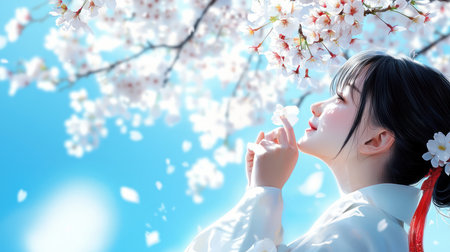 Woman in white kimono, dark hair, red ribbon, holding cherry blossom, looking up with a serene expression, flower in her hair.の素材