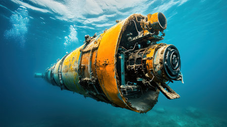Large, cylindrical, heavily rusted metal object, vibrant yellow and orange, covered in marine growth, revealing intricate internal mechanical components.の素材