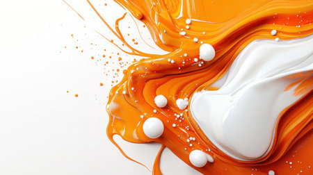 Abstract artwork featuring flowing orange and white paint, with a glossy texture and scattered white droplets. The paint appears to be swirling and layered.の素材