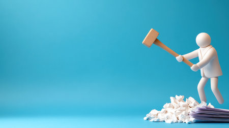 A smooth white figurine, dressed in a suit, holds a textured wooden mallet with both hands, poised to strike a large pile of white crumpled paper and a stack of documents.の素材