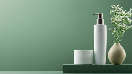 White cosmetic bottles and a small vase with flowers are displayed on a green surface, creating a minimalist aesthetic. The pump bottle has a silver pump.の素材