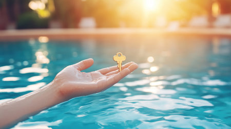 A small, shiny golden key with a classic design stands upright on a wet, open palm. The hand is glistening with water, fingers slightly curled, presenting the object.の素材
