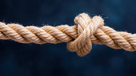 A close-up view of a thick, beige rope made from twisted natural fibers, featuring a prominent, tightly tied knot in the middle.の素材