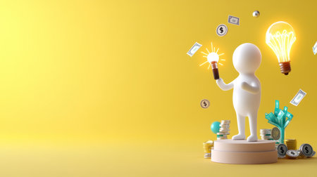 A 3D render depicts a white figure holding a glowing lightbulb, standing on a platform. Coins, money, and other lightbulbs are also present.の素材