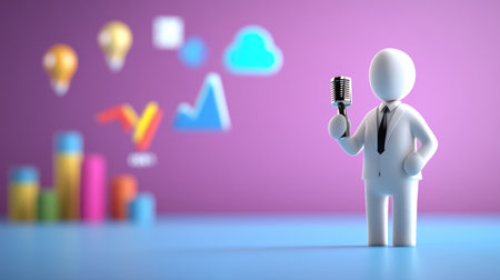 A smooth, white 3D figure in a business suit and black tie stands confidently, holding a classic chrome microphone for a presentation or speech.の素材