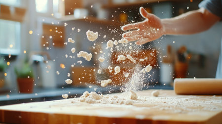 Clumps of raw dough and fine white flour particles are frozen in mid-air, tossed by a hand over a wooden board.の素材