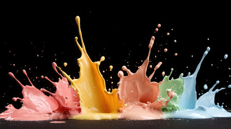 Glossy, thick paint in various pastel hues splashes upwards, forming intricate, energetic patterns with scattered droplets, creating a dynamic liquid art.の素材