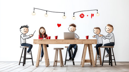 Five smiling individuals with real faces and hand-drawn stick figure bodies are seated at a rustic light brown wooden table with matching stools.の素材