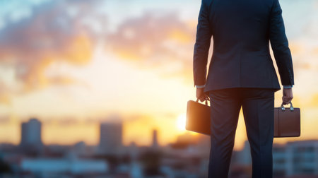 Rear view of a professional man in a dark formal suit and light blue shirt, standing still while holding two brown leather briefcases, one in each hand.の素材