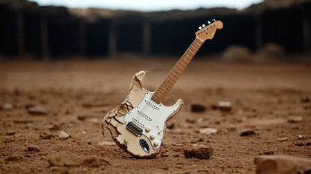A distressed cream-colored electric guitar with a unique cracked and peeling finish, revealing a dark, earthy texture. It features a white pickguard and chrome hardware.の素材