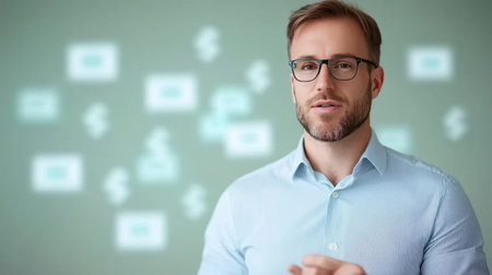 Man with glasses, wearing a light blue striped shirt, looking directly at the camera while speaking with a neutral expression.の素材