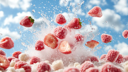 Close-up of frozen red berries, including whole and sliced strawberries and raspberries, exploding from crushed ice with a dynamic water splash.の素材