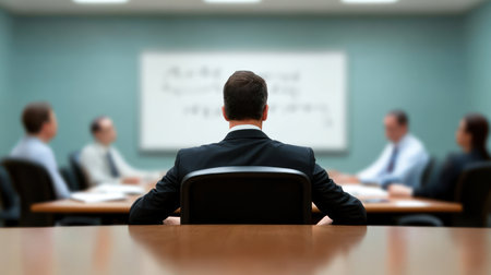 Back view of a businessman in a dark suit sitting at a conference table, facing blurred colleagues and a whiteboard.の素材