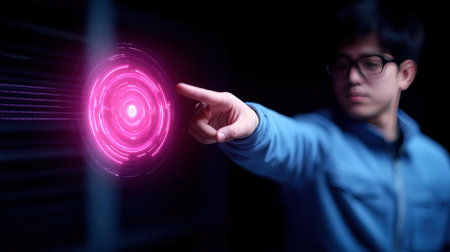 A vibrant pink concentric circle design with glowing lines, a finger is pointing towards the center, creating a futuristic interface element.の素材