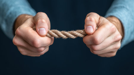 Two hands tightly hold a thick, twisted rope, knuckles showing, demonstrating strength and tension. The rope is made of natural fibers.の素材